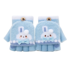 Manusi pentru copii, model cu degetele descoperite si capac decapotabil, prindere cu nasturel, accesorizate cu iepuras fashion, tematica winter style, unisex, marime 3 – 5 ani, albastre