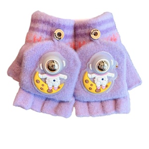 Manusi pentru copii, model cu degetele descoperite si capac decapotabil, prindere cu nasturel, accesorizate cu astronaut, tematica funny day, unisex, marime 4 – 10 ani, mov