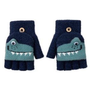 Manusi pentru copii, model cu degetele descoperite si capac decapotabil, prindere cu nasturel, accesorizate cu dinozauri, tematica sweet little monster, baieti, marime 7 – 9 ani, albastru inchis cu verde