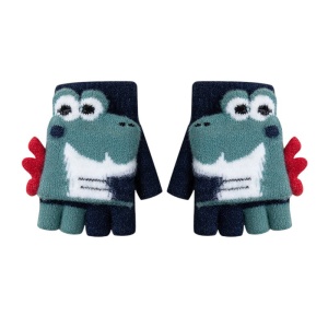 Manusi pentru copii, model cu degetele descoperite si capac decapotabil, accesorizate cu dinozauri, tematica happy winter, unisex, marime 9 – 12 ani, albastru inchis
