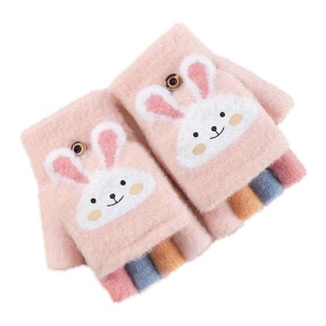 Manusi pentru copii, model cu degetele descoperite si capac decapotabil, prindere cu nasturel, accesorizate cu iepuras, manseta elastica, tematica cute bunny, marime 6 – 12 ani, roz deschis