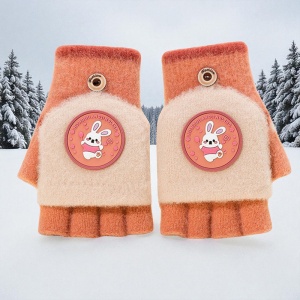 Manusi pentru copii, model cu degetele descoperite si capac decapotabil, prindere cu nasturel, accesorizate cu figurine vesele, tematica happy time, unisex, marime 7 – 12 ani, portocaliu cu bej - Img 4