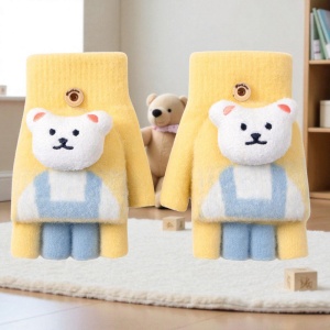 Manusi pentru copii, model cu degetele descoperite si capac decapotabil, prindere cu nasturel, accesorizate cu ursulet, tematica little bear, unisex, marime 7 – 12 ani, galbene - Img 3