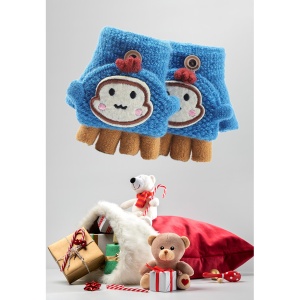 Manusi pentru copii, model cu degetele descoperite si capac decapotabil, prindere cu nasturel, accesorizate cu figurina haioasa, manseta elastica, tematica happy moments, marime 1 – 3 ani, albastre - Img 4