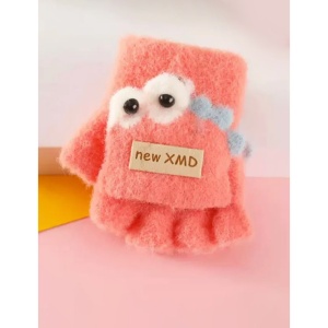 Manusi pentru copii, model cu degetele descoperite si capac decapotabil, prindere cu nasturel, accesorizate cu ochisori curiosi, manseta elastica, tematica funny dino, marime 0 – 3 ani, roz aprins - Img 2