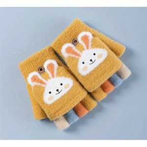 Manusi pentru copii, model cu degetele descoperite si capac decapotabil, prindere cu nasturel, accesorizate cu iepuras, manseta elastica, tematica cute bunny, marime 6 – 12 ani, mustar - Img 4