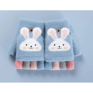 Manusi pentru copii, model cu degetele descoperite si capac decapotabil, prindere cu nasturel, accesorizate cu iepuras, manseta elastica, tematica cute bunny, marime 6 – 12 ani, albastre - Img 2