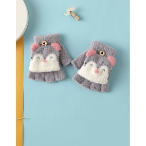 Manusi pentru copii, model cu degetele descoperite si capac decapotabil prindere cu nasture, manseta elastica, accesorizate cu puisor vesel, tematica happy winter, marime 1 – 5 ani, gri inchis - Img 2
