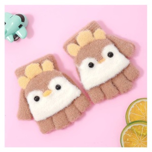 Manusi pentru copii, model cu degetele descoperite si capac decapotabil, accesorizate cu pinguini poznasi, tematica happy feet, marime 1 – 5 ani, maro - Img 3