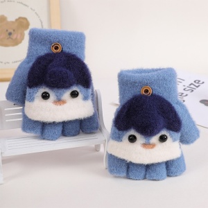 Manusi pentru copii, model cu degetele descoperite si capac decapotabil, prindere cu nasturel, accesorizate cu pinguin simpatic, tematica happy feet, unisex, marime 6 – 24 luni, albastru deschis - Img 3