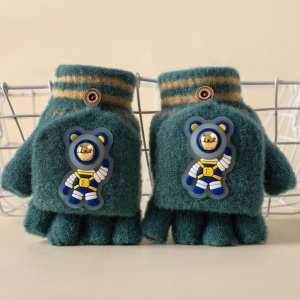Manusi pentru copii, model cu degetele descoperite si capac decapotabil, prindere cu nasturel, accesorizate cu astronaut, tematica funny day, unisex, marime 4 – 10 ani, verde inchis - Img 2