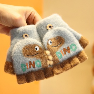 Manusi pentru copii, model cu degetele descoperite si capac decapotabil, prindere cu nasturel, accesorizate cu dinozaur, tematica crazy dino, unisex, marime 3 – 5 ani, gri - Img 3