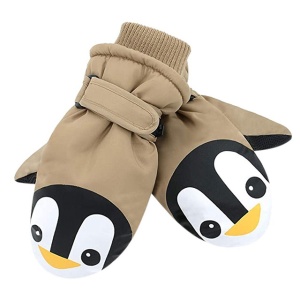 Manusi pentru copii, model cu un singur deget, manseta elastica si prindere reglabila, waterproof, imprimeu haios cu pinguin vesel, tematica let’s play outside, marime 5 – 12 ani, maro
