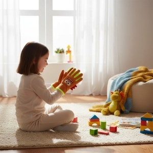 Manusi pentru copii, model jucaus, detalii de contrast vesele, imprimeu haios, tematica prietenul meu monstruletul, unisex, marime 3 – 8 ani, maro inchis - Img 4