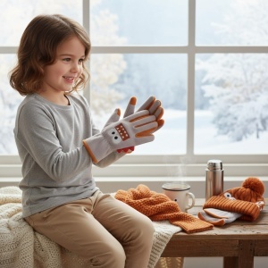 Manusi pentru copii, model jucaus, detalii de contrast vesele, imprimeu haios, tematica prietenul meu monstruletul, unisex, marime 3 – 8 ani, gri deschis - Img 2
