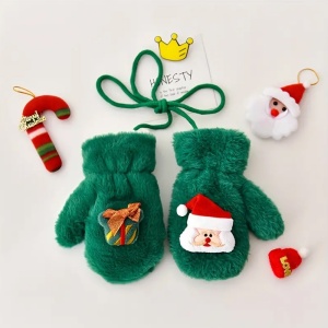 Manusi pentru copii, model super dragalas, moale si pufos, prinse cu snur intre ele, accesorizate cu figurine cute, tematica winter happy baby, 2 - 6 ani, verzi - Img 2