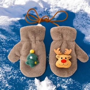 Manusi pentru copii, model super dragalas, moale si pufos, prinse cu snur intre ele, accesorizate cu figurine cute, tematica winter happy baby, 2 - 6 ani, maro - Img 3