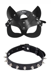 Masca sexy dama, set 2 piese, model provocator pisica obraznica si choker cu fundita, reglabila, tematica young kitty, negru