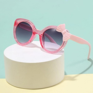 Ochelari de soare pentru fetite, model cu rama semitransparenta accesorizata cu fundita chic, tematica glitter summer, marime universala, roz - Img 3