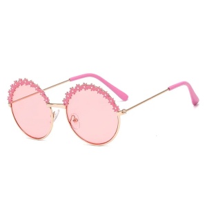 Ochelari de soare pentru fetite, model rotund accesorizat cu floricele, tematica glamour summer, marime universala, roz