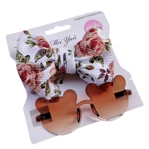 Ochelari de soare pentru fetite, set doua piese, model ursulet prietenos cu funda voluminoasa asortata, imprimeu delicat, tematica cute and fashion, maro