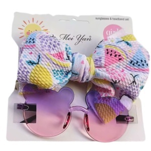 Ochelari de soare pentru fetite, set doua piese, model ursulet prietenos cu funda voluminoasa asortata, imprimeu delicat, tematica cute and fashion, roz cu mov - Img 2