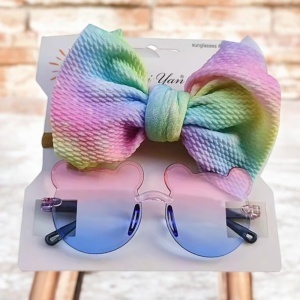 Ochelari de soare pentru fetite, set doua piese, model ursulet prietenos cu funda voluminoasa asortata, imprimeu delicat, tematica cute and fashion, roz cu albastru - Img 3