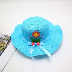 Palarie de soare, copii, model chic de vara pentru fetite, accesorizat cu flori si panglica, prindere sub barbie, margine ondulata, tematica cute summer, marime universala, albastra - Img 2