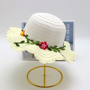 Palarie de soare, copii, model cute de vara pentru fetite, accesorizat cu floricele si frunzulite, prindere sub barbie, margine ondulata, tematica I love flowers, marime universala, galbena - Img 2