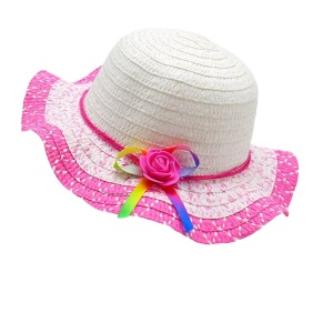Palarie de soare, copii, model cute elegant pentru fetite, accesorizat cu flori si fundita rainbow, prindere sub barbie, margine ondulata, tematica happy summer, marime universala, roz aprins