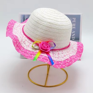 Palarie de soare, copii, model cute elegant pentru fetite, accesorizat cu flori si fundita rainbow, prindere sub barbie, margine ondulata, tematica happy summer, marime universala, roz aprins - Img 2