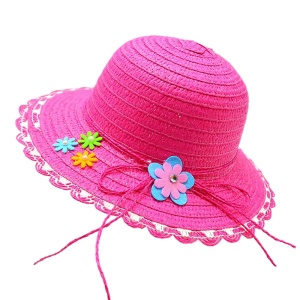 Palarie de soare, copii, model elegant pentru fetite, accesorizat cu flori multiple si fundita din sfoara, prindere sub barbie, margine fixa, tematica fashion summer, marime universala, roz aprins