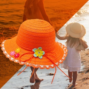 Palarie de soare, copii, model elegant pentru fetite, accesorizat cu flori multiple si fundita din sfoara, prindere sub barbie, margine fixa, tematica fashion summer, marime universala, portocalie - Img 3