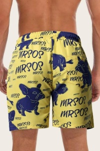 Pantaloni scurti de baie tip sort, barbati, galbeni, imprimeu caine buldog francez, uscare rapida - Img 2