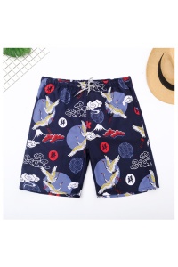 Pantaloni scurti de baie tip sort, barbati, imprimeu stil japonez, uscare rapida, albastru inchis - Img 3