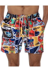 Pantaloni scurti de baie tip sort, barbati, model cu robotei, imprimeu grafic cartoon, prindere cu snur, tematica space man, uscare rapida, multicolori