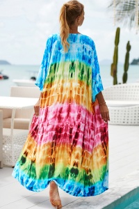 Pareo tip cover up, rochie pentru plaja sau strada, model vesel si elegant, maneci trei sferturi si prindere reglabila, tematica be special, multicolor - Img 4