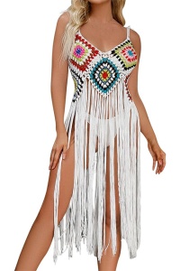 Pareo tip rochie pentru plaja, model cu franjuri transparent, tesatura traditionala, tematica crazy retro summer, alb