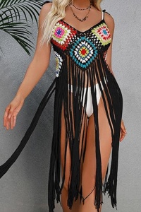 Pareo tip rochie pentru plaja, model cu franjuri transparent, tesatura traditionala, tematica crazy retro summer, negru - Img 3