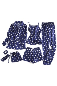 Pijama dama 4 in 1, haine de stat in casa, 7 piese, satin, camasa, maieu, pantalon lung si chilot tip pantalon scurt, albastru cu inimioare