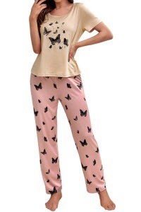 Pijama dama, set 2 piese, bluza cu maneca scurta si pantaloni lungi, model cute fantezie de fluturasi, tematica butterfly dream, roz cu bej