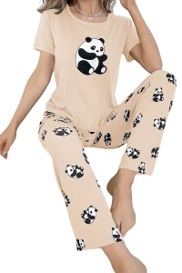 Pijama dama, set 2 piese, bluza cu maneca scurta si pantaloni lungi, model cute cu imprimeu ursulet panda dragalas, tematica sleepy buddy, bej