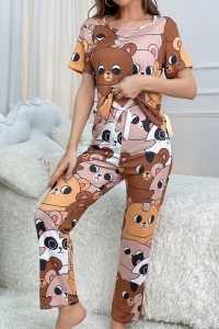 Pijama dama, set 2 piese, bluza cu maneca scurta si pantaloni lungi, model cute cu imprimeu deosebit lumea ursuletilor, tematica happy bear familly, multicolor - Img 4