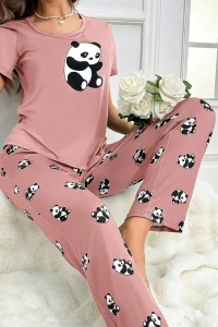 Pijama dama, set 2 piese, bluza cu maneca scurta si pantaloni lungi, model cute cu imprimeu ursulet panda dragalas, tematica sleepy buddy, roz - Img 3