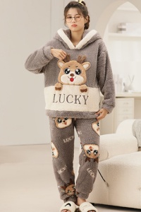 Pijama dama, set 2 piese, bluza maneca lunga cu gluga si pantaloni lungi, model cu animale, ren lucky, tematica I love winter, gri - Img 3