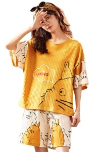 Pijama dama, set 2 piese, bluza maneca scurta si pantaloni scurti, model cu pisica jucausa, tematica I love cats, galbena