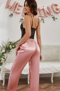 Pijama dama, set 2 piese, bluza tip bustiera si pantaloni lungi, negru cu roz - Img 2