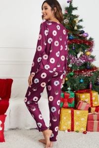 Pijama dama, set 3 piese, bluza maneca lunga, pantalon lung si masca de dormit, mov cu imprimeu gogosi multicolore - Img 2