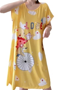 Pijama dama, tip camasa de noapte, maneci scurte, galbena cu imprimeu purcelus pe bicicleta