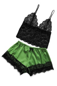 Pijama sexy dama, set 2 piese, top bretele reglabile si pantaloni scurti, model mystic love, verde deschis